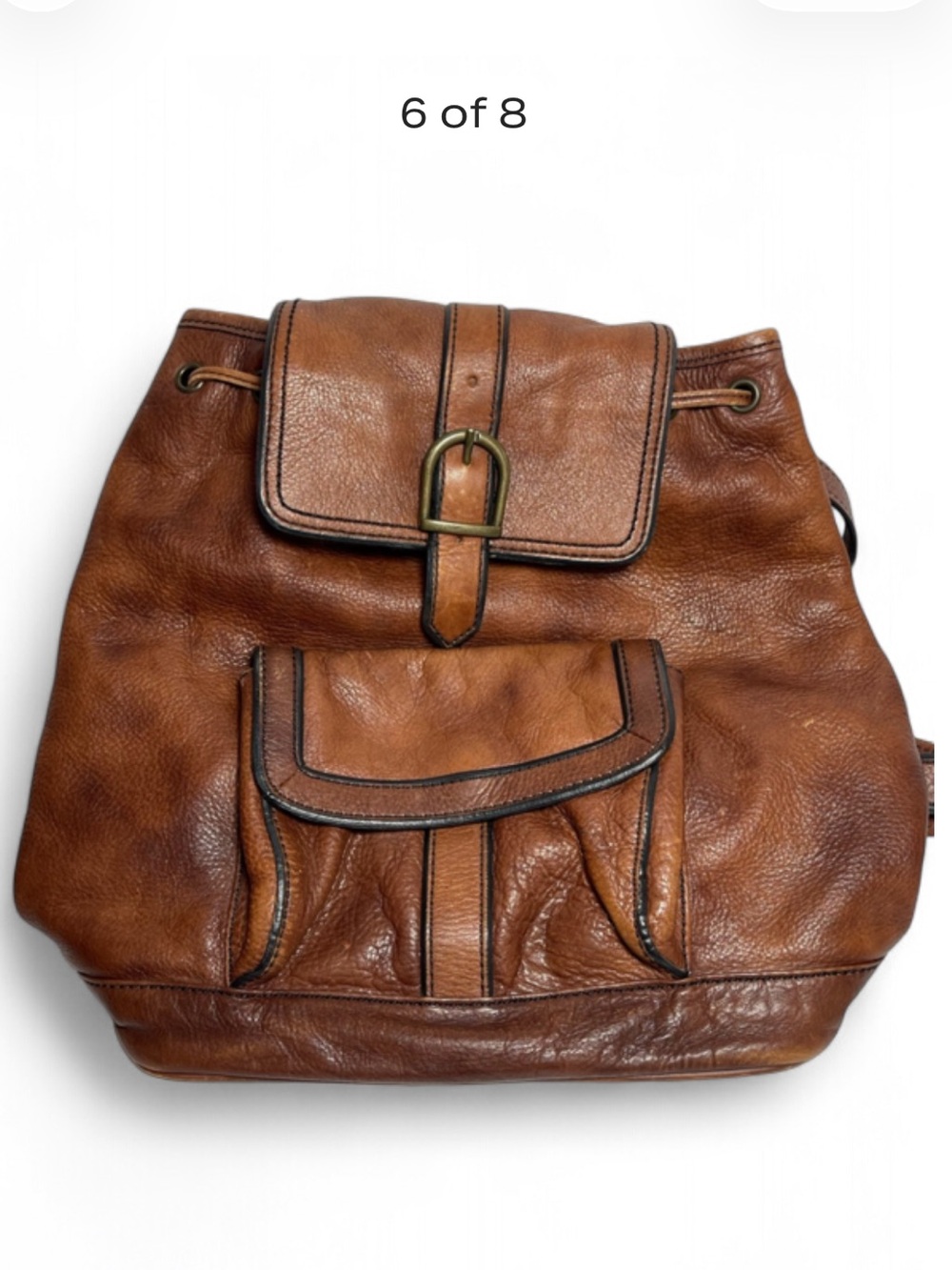 Vintage FOSSIL Cognac Brown Leather Drawstring Bucket Backpack Rucksack Bag